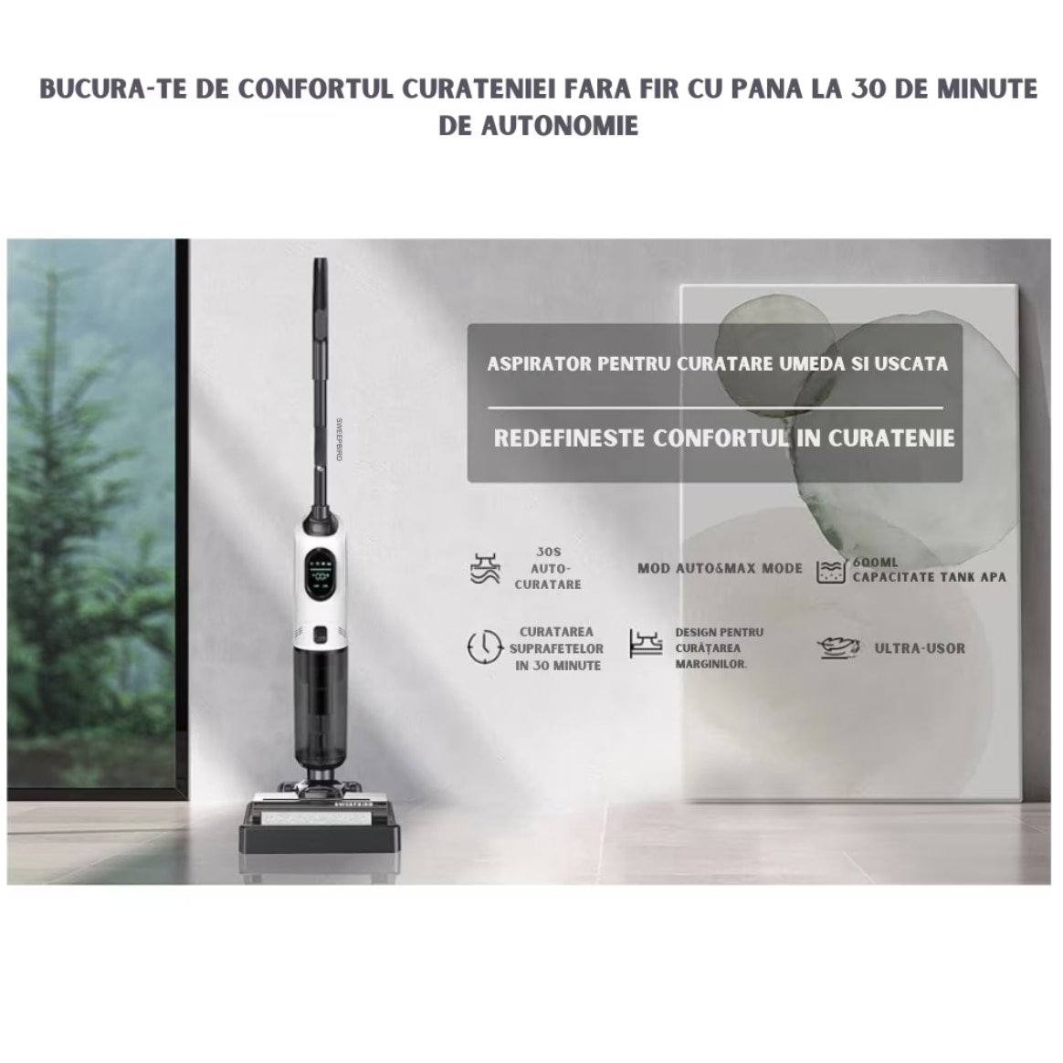 Aspirator Vertical 2 In 1, Ila Product®, Aspirator Fara Fir Pentru Pardoseli Dure Si Multi Suprafete, Aspirare Puternica Cu Mop Umed Integrat, Control Inteligent Cu Functii Smart, Sistem De Auto Curatare, Rezervor Apa Dublu, Design Modern, Alb