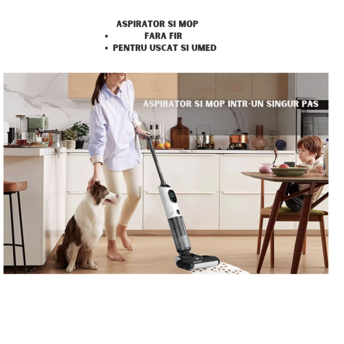 Aspirator Vertical 2 In 1, Ila Product®, Aspirator Fara Fir Pentru Pardoseli Dure Si Multi Suprafete, Aspirare Puternica Cu Mop Umed Integrat, Control Inteligent Cu Functii Smart, Sistem De Auto Curatare, Rezervor Apa Dublu, Design Modern, Alb
