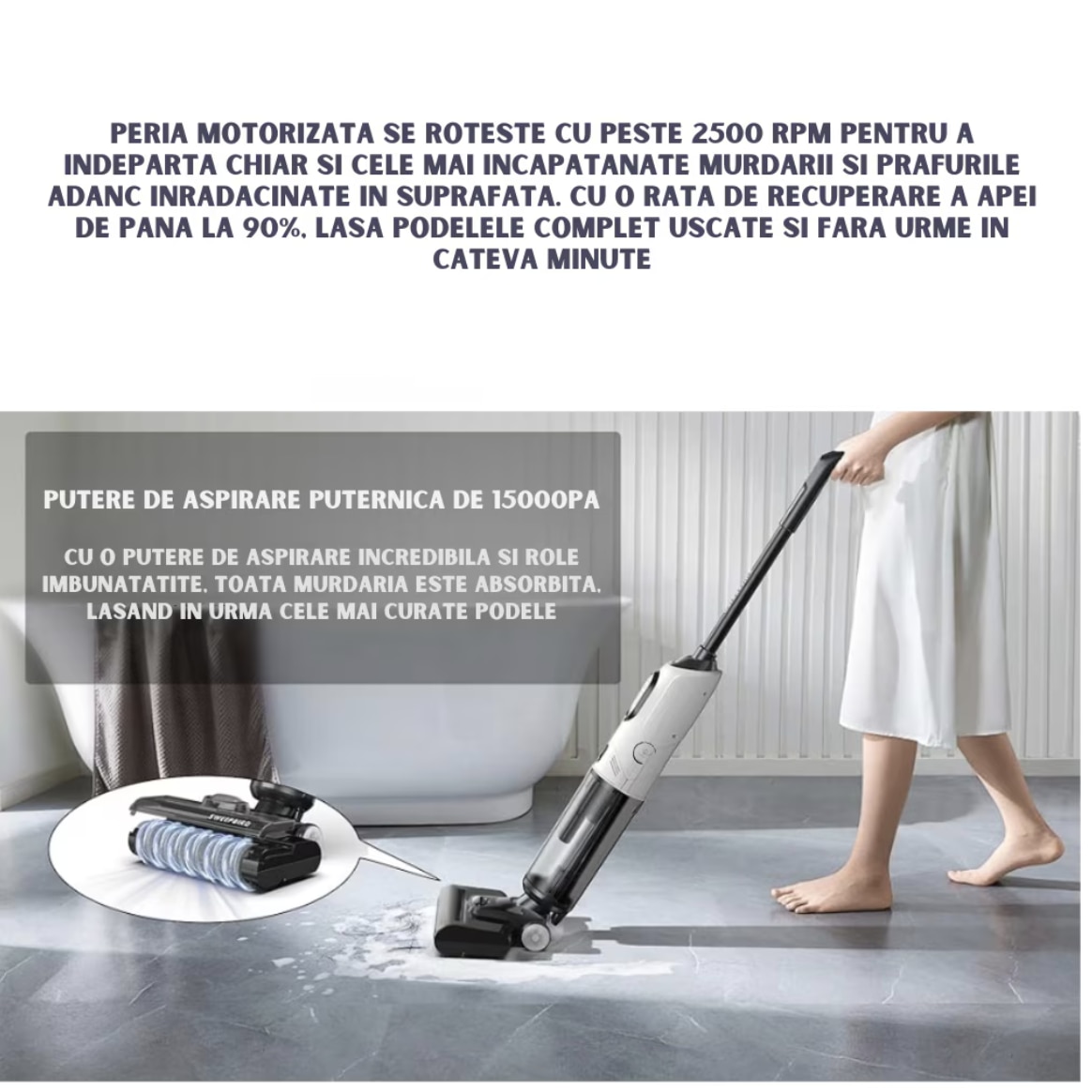 Aspirator Vertical 2 In 1, Ila Product®, Aspirator Fara Fir Pentru Pardoseli Dure Si Multi Suprafete, Aspirare Puternica Cu Mop Umed Integrat, Control Inteligent Cu Functii Smart, Sistem De Auto Curatare, Rezervor Apa Dublu, Design Modern, Alb