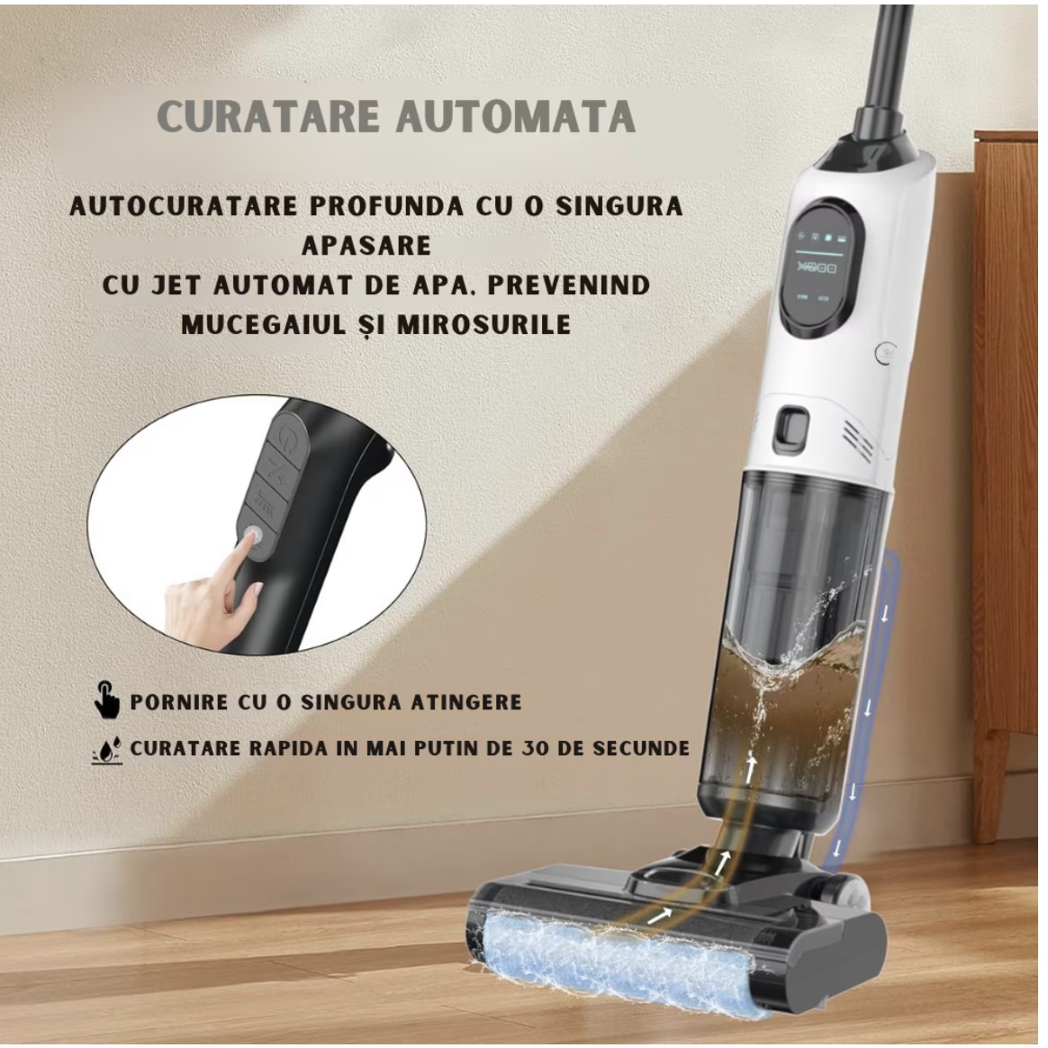 Aspirator Vertical 2 In 1, Ila Product®, Aspirator Fara Fir Pentru Pardoseli Dure Si Multi Suprafete, Aspirare Puternica Cu Mop Umed Integrat, Control Inteligent Cu Functii Smart, Sistem De Auto Curatare, Rezervor Apa Dublu, Design Modern, Alb