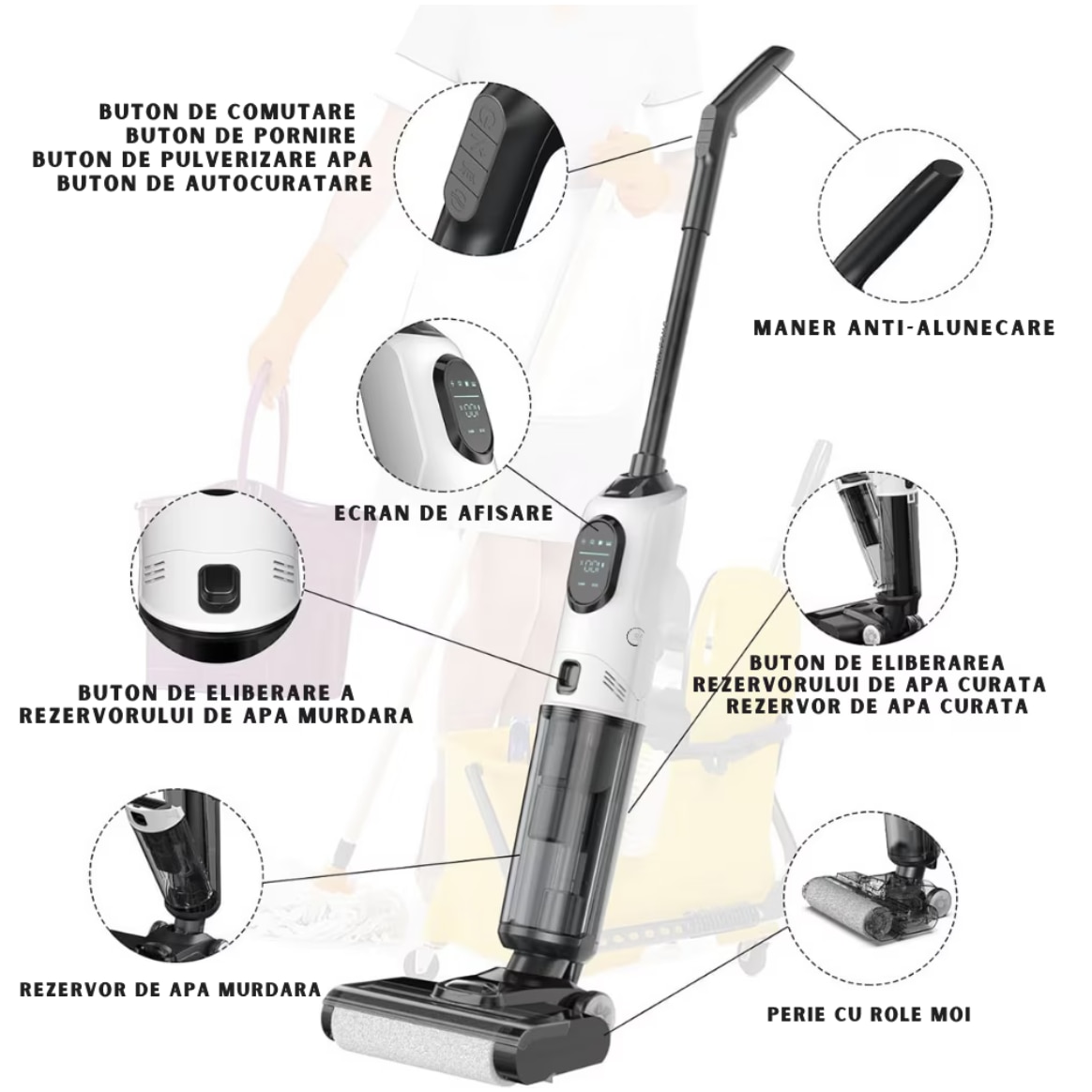 Aspirator Vertical 2 In 1, Ila Product®, Aspirator Fara Fir Pentru Pardoseli Dure Si Multi Suprafete, Aspirare Puternica Cu Mop Umed Integrat, Control Inteligent Cu Functii Smart, Sistem De Auto Curatare, Rezervor Apa Dublu, Design Modern, Alb