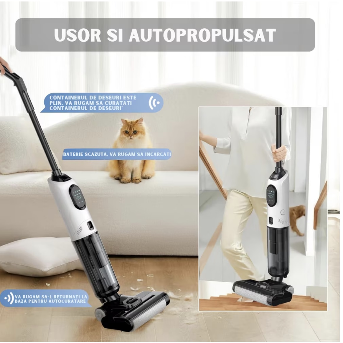 Aspirator Vertical 2 In 1, Ila Product®, Aspirator Fara Fir Pentru Pardoseli Dure Si Multi Suprafete, Aspirare Puternica Cu Mop Umed Integrat, Control Inteligent Cu Functii Smart, Sistem De Auto Curatare, Rezervor Apa Dublu, Design Modern, Alb