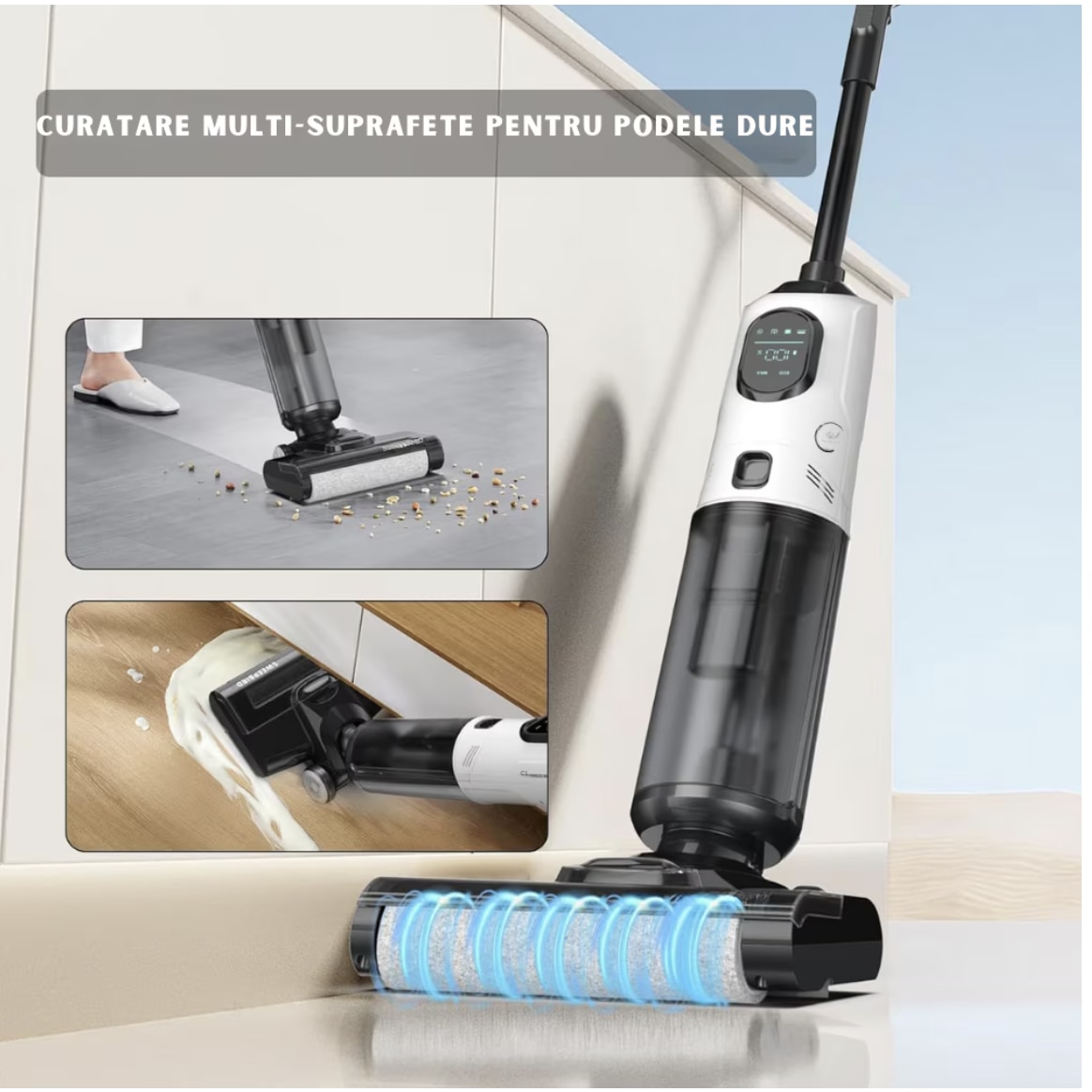 Aspirator Vertical 2 In 1, Ila Product®, Aspirator Fara Fir Pentru Pardoseli Dure Si Multi Suprafete, Aspirare Puternica Cu Mop Umed Integrat, Control Inteligent Cu Functii Smart, Sistem De Auto Curatare, Rezervor Apa Dublu, Design Modern, Alb