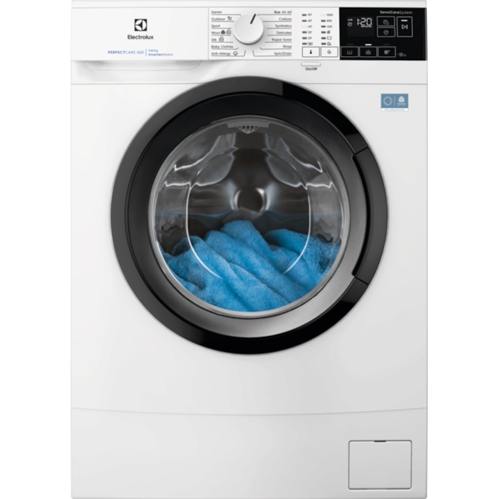 Masina de spalat rufe slim ELECTROLUX EWS6406BE PerfectCare600, 6 kg, 1000 rpm, Clasa A, motor Inverter, display LED, Sensicare, Rapid 14 min, Antialergic, Baby, Lâna, Outdoor, Denim, TimeManager, SoftPlus, Adancime totala 41.1 cm, alb