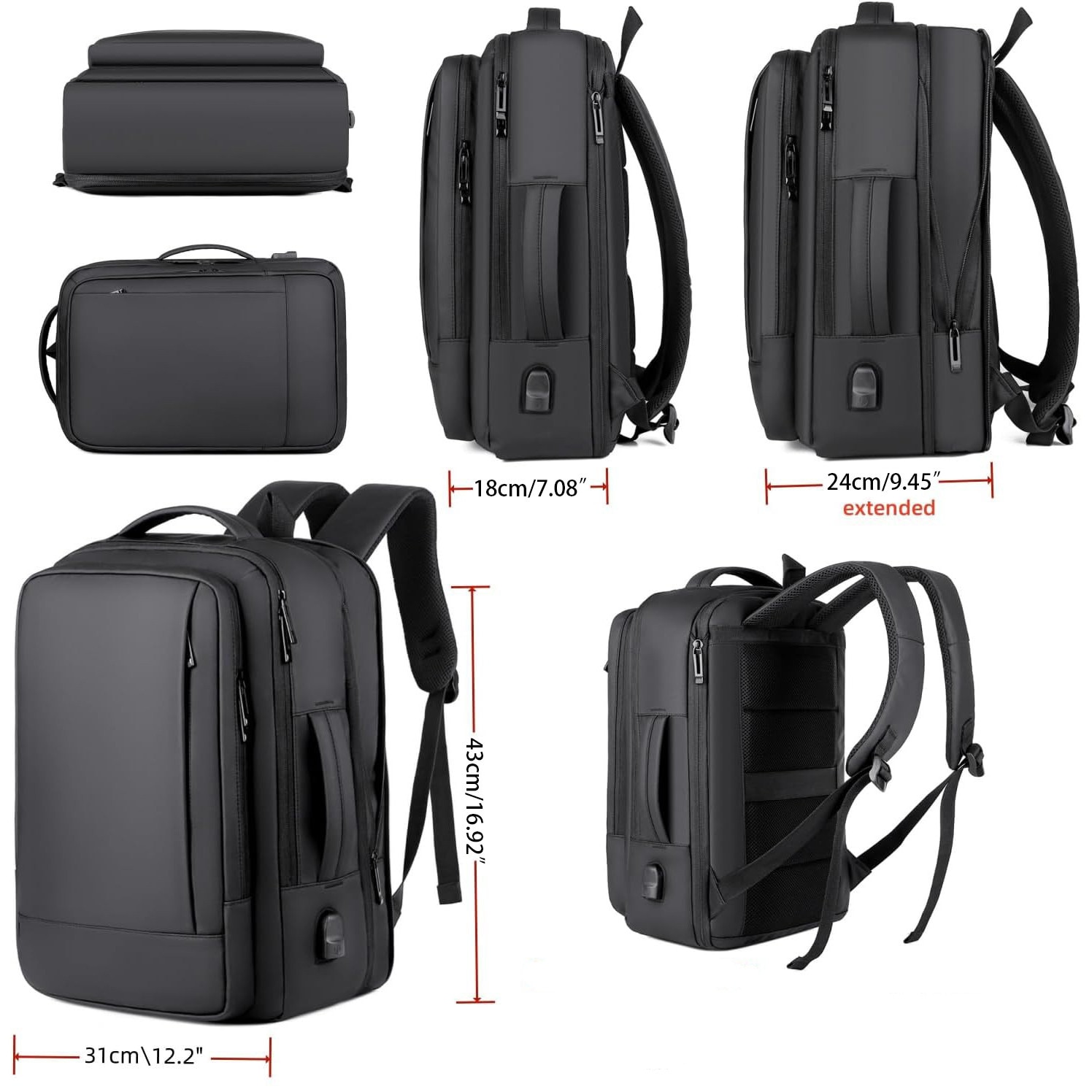 Rucsac Laptop Camaterlot 15 "6", Extensibil, Port Usb, Impermeabil, Respirabil, Pentru Business sI CaLaTorii, 31x43cm, Negru