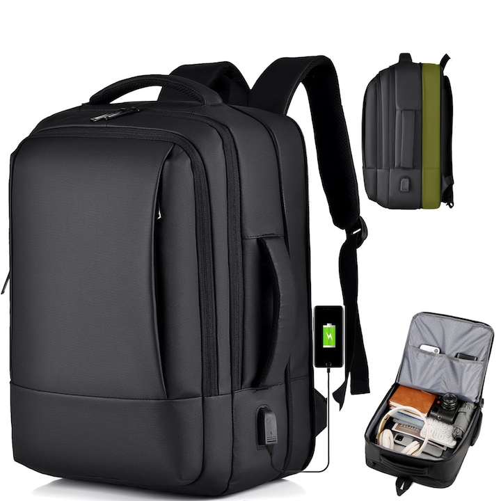 Rucsac Laptop Camaterlot 15 "6", Extensibil, Port Usb, Impermeabil, Respirabil, Pentru Business sI CaLaTorii, 31x43cm, Negru