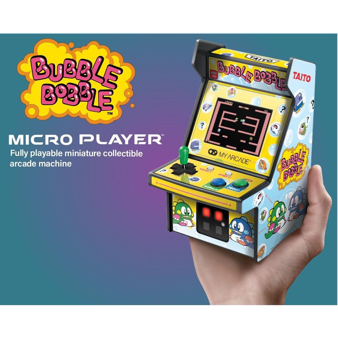 Mini-consola gaming retro MyArcade, Bubble Bobble, complet redabila, de colectie, display color 2.75”, difuzor integrat, port jack 3.5 mm, CO/VS pentru gaming in retea, joystick detasabil, inaltime 19 cm, galben/albastru