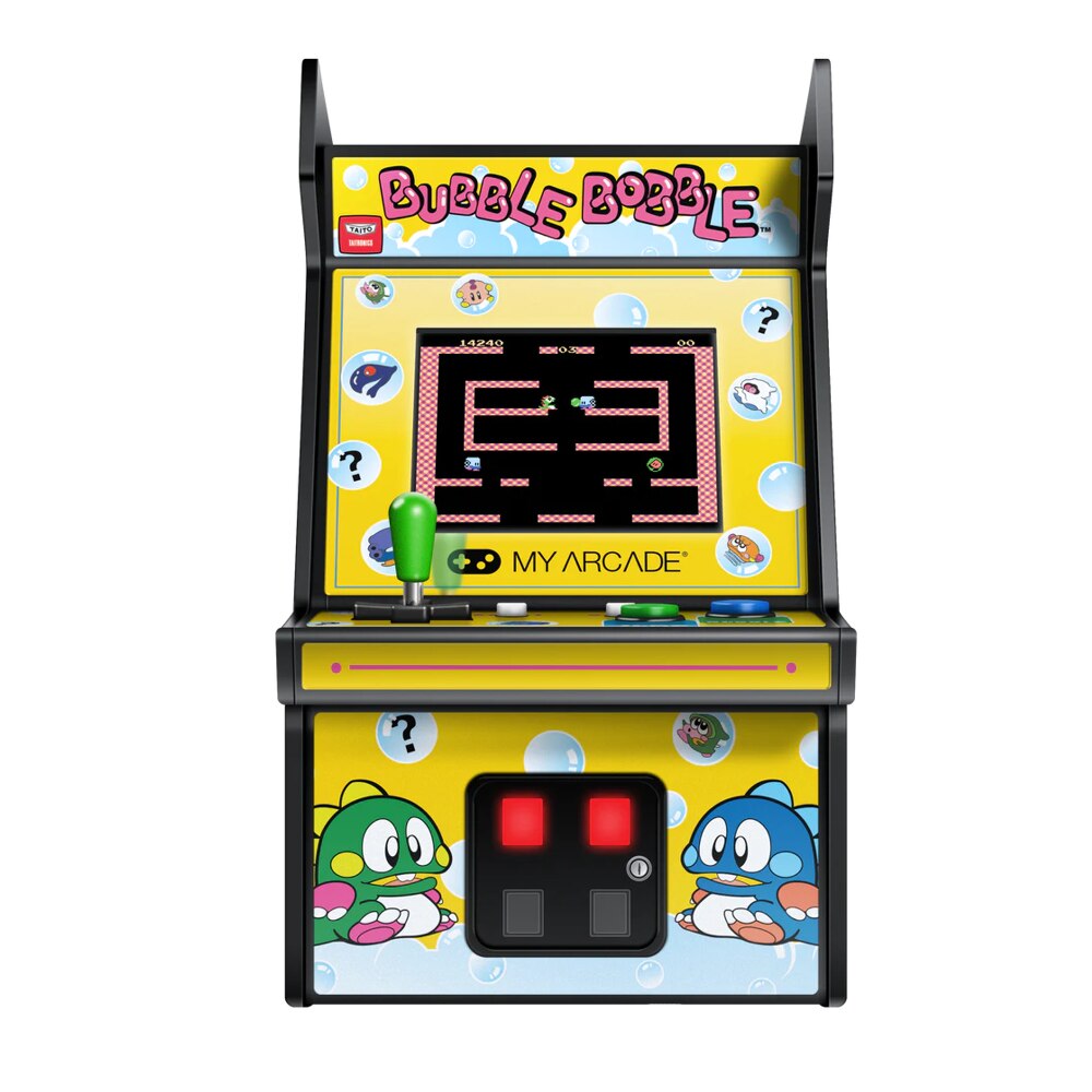 Mini-consola gaming retro MyArcade, Bubble Bobble, complet redabila, de colectie, display color 2.75”, difuzor integrat, port jack 3.5 mm, CO/VS pentru gaming in retea, joystick detasabil, inaltime 19 cm, galben/albastru