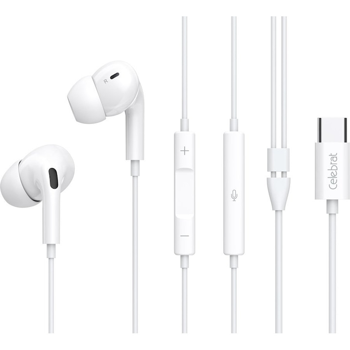 Casti cu fir CELEBRAT E300, USB-C, 10mm, 1.2m, alb