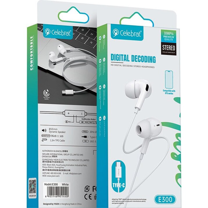 Casti cu fir CELEBRAT E300, USB-C, 10mm, 1.2m, alb