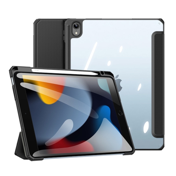 Husa premium Sigloo, pentru tableta iPAD Air 11 2024, 5/4, 10.9, model 2022/2021/2020, 10.9 inch, interior de piele sintetica, cu suport Smart Pen, spatele din policarbonat transparent, Black