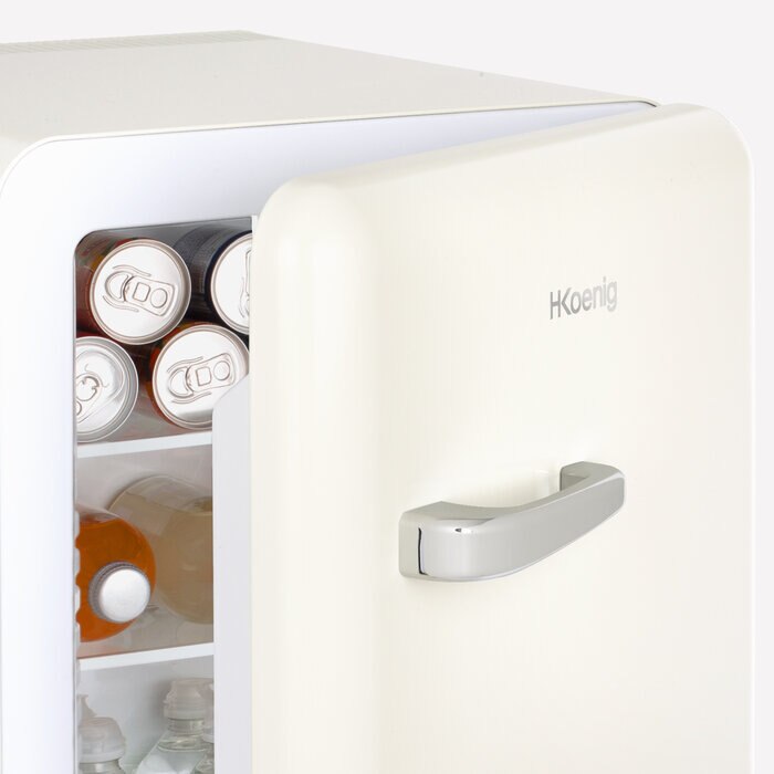 Mini frigider retro H.Koenig, TOAD8, H 54 cm, volum 31 litri, ideal pentru HoReCa, birou, rulota, temperatura reglabila 6 - 15°C, iluminare interioara LED, 2 rafturi ajustabile, 2 rafturi pe usa, silentios, picioare reglabile, maner cromat, crem