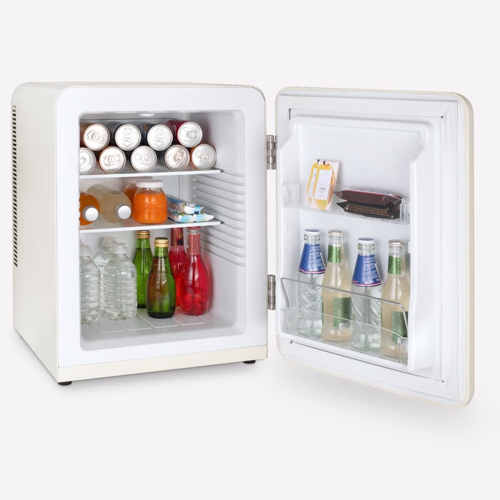 Mini frigider retro H.Koenig, TOAD8, H 54 cm, volum 31 litri, ideal pentru HoReCa, birou, rulota, temperatura reglabila 6 - 15°C, iluminare interioara LED, 2 rafturi ajustabile, 2 rafturi pe usa, silentios, picioare reglabile, maner cromat, crem