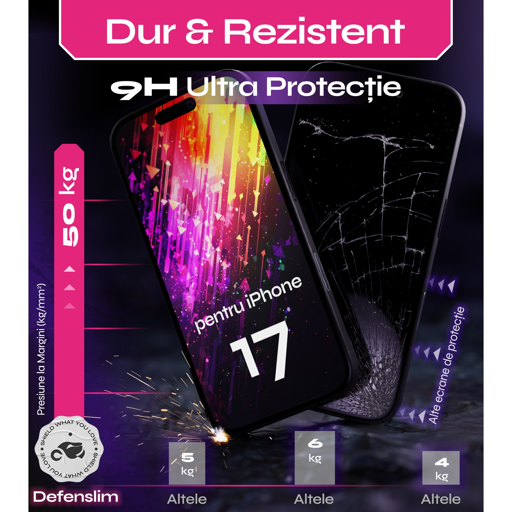 Set 2 Folii sticla compatibil cu iPhone 17, 6.3", DefenSlim, instalare usoara si rapida cu dispozitiv de potrivire automata in 30 sec cu Easy Install Kit patentat, protectie telefon