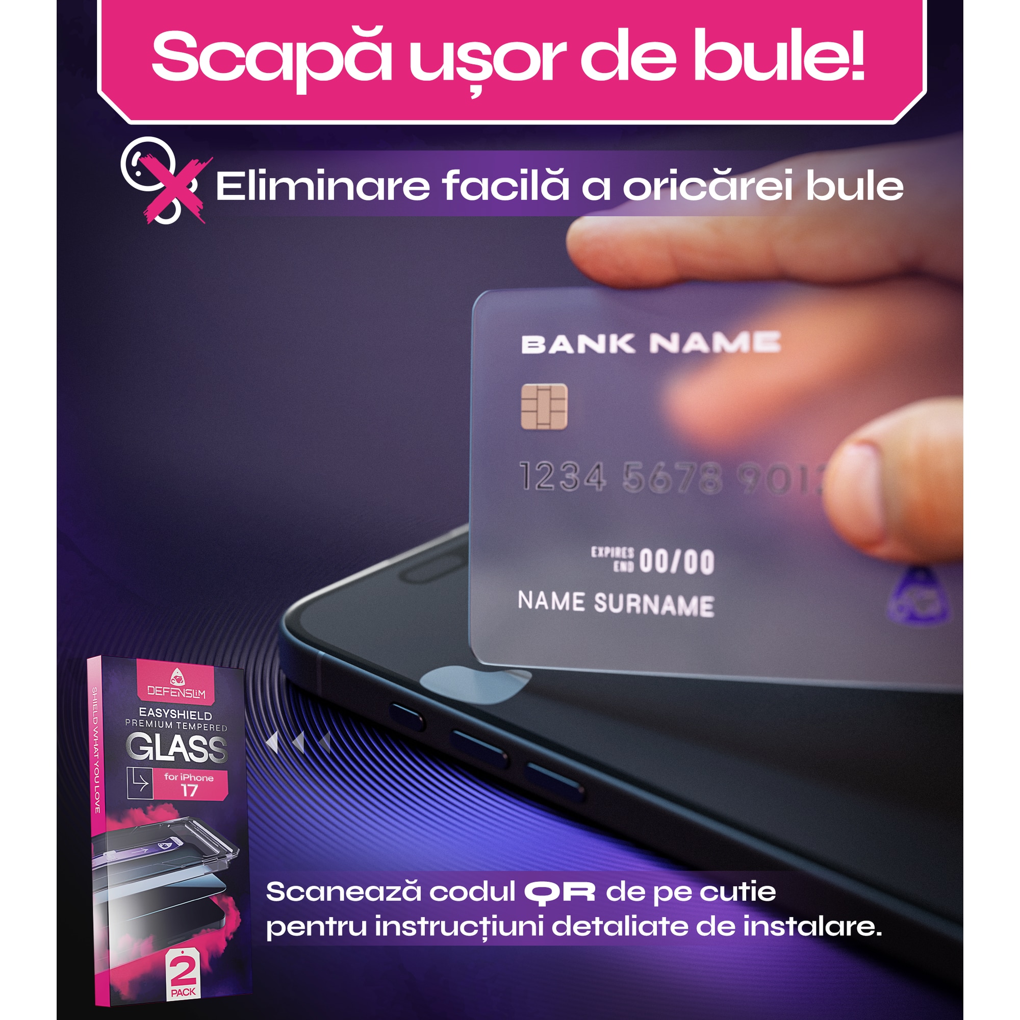 Set 2 Folii sticla compatibil cu iPhone 17, 6.3", DefenSlim, instalare usoara si rapida cu dispozitiv de potrivire automata in 30 sec cu Easy Install Kit patentat, protectie telefon