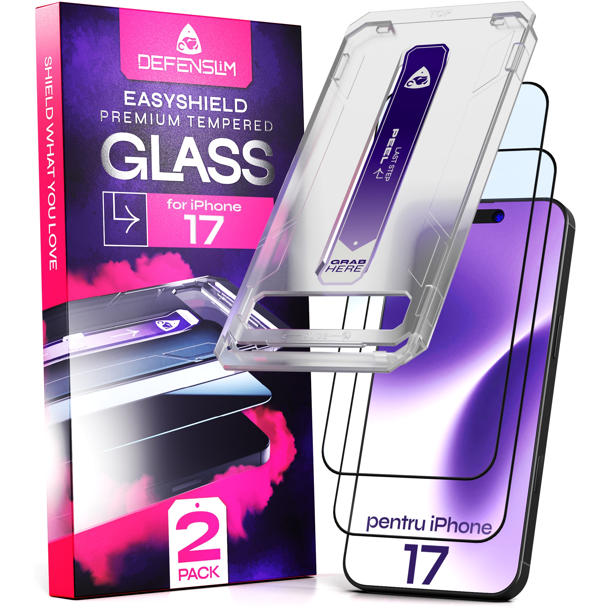 Set 2 Folii sticla compatibil cu iPhone 17, 6.3", DefenSlim, instalare usoara si rapida cu dispozitiv de potrivire automata in 30 sec cu Easy Install Kit patentat, protectie telefon