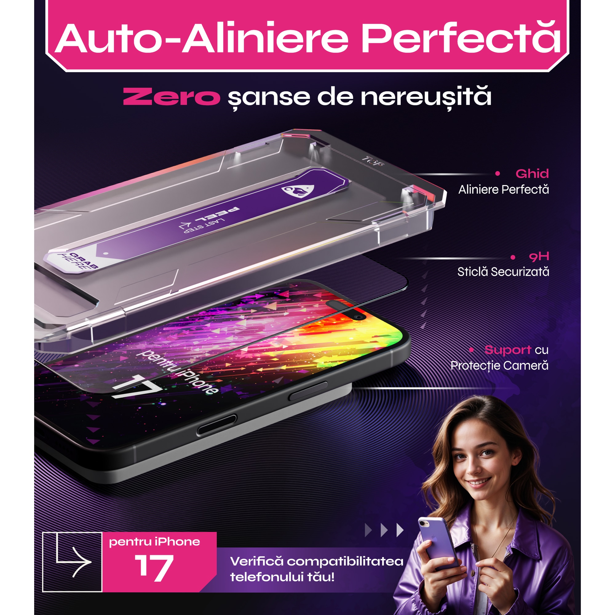Set 2 Folii sticla compatibil cu iPhone 17, 6.3", DefenSlim, instalare usoara si rapida cu dispozitiv de potrivire automata in 30 sec cu Easy Install Kit patentat, protectie telefon