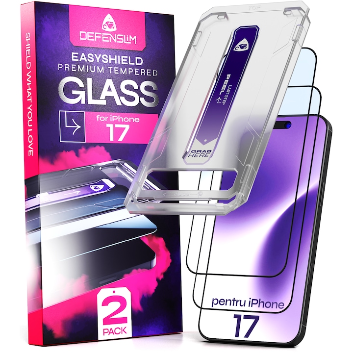 Set 2 Folii sticla compatibil cu iPhone 17, 6.3", DefenSlim, instalare usoara si rapida cu dispozitiv de potrivire automata in 30 sec cu Easy Install Kit patentat, protectie telefon