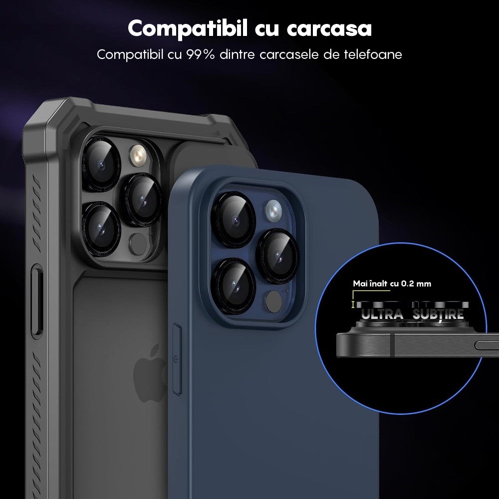 Folie Protectie Lentile Camera compatibila cu iPhone 14 Pro / iPhone 14 Pro Max, CASEY STUDIOS™ MaxDefense+, Ultra HD, Anti Amprente, Anti Zgarieturi, Anti Socuri, Negru