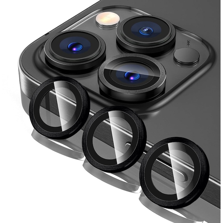 Folie Protectie Lentile Camera compatibila cu iPhone 14 Pro / iPhone 14 Pro Max, CASEY STUDIOS™ MaxDefense+, Ultra HD, Anti Amprente, Anti Zgarieturi, Anti Socuri, Negru