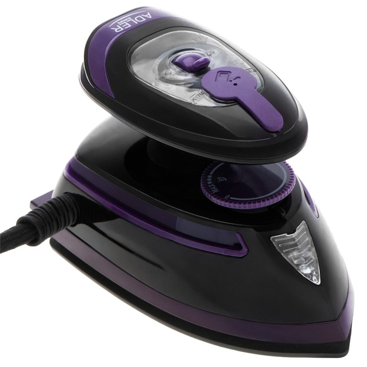 Fier de ca lcat cu abur de calatorie Adler AD 5049, 420 W, 30 ml, Placa ceramica, Abur/uscat, Negru/Violet