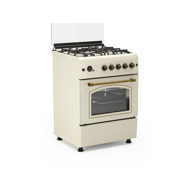 Pachet Aragaz rustic Studio Casa Viva Sierra 60 x 60 cm si Hota decorativa 60 cm, Cuptor Gaz+ Ventilatie Turbo, 4 ochiuri gaz, Rotisor, Grill gaz, Gratare fonta, Crem