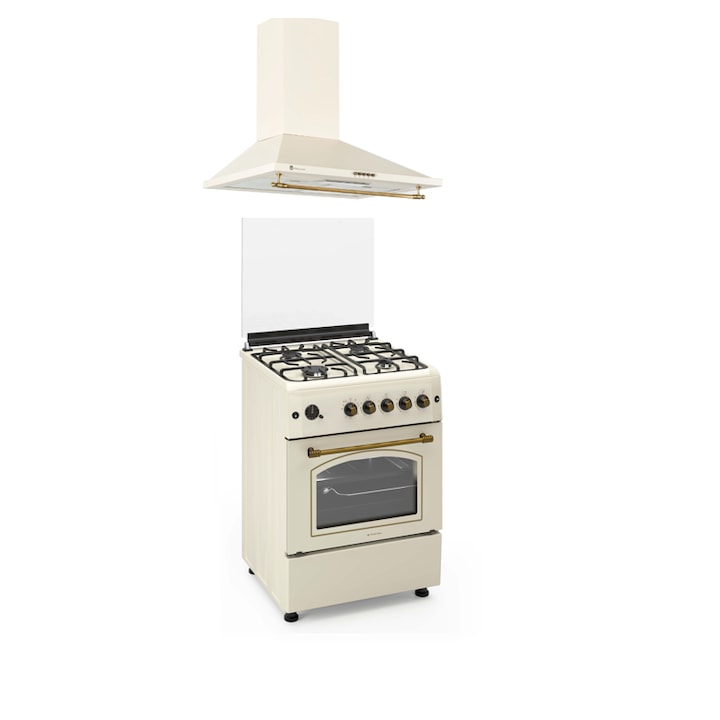 Pachet Aragaz rustic Studio Casa Viva Sierra 60 x 60 cm si Hota decorativa 60 cm, Cuptor Gaz+ Ventilatie Turbo, 4 ochiuri gaz, Rotisor, Grill gaz, Gratare fonta, Crem