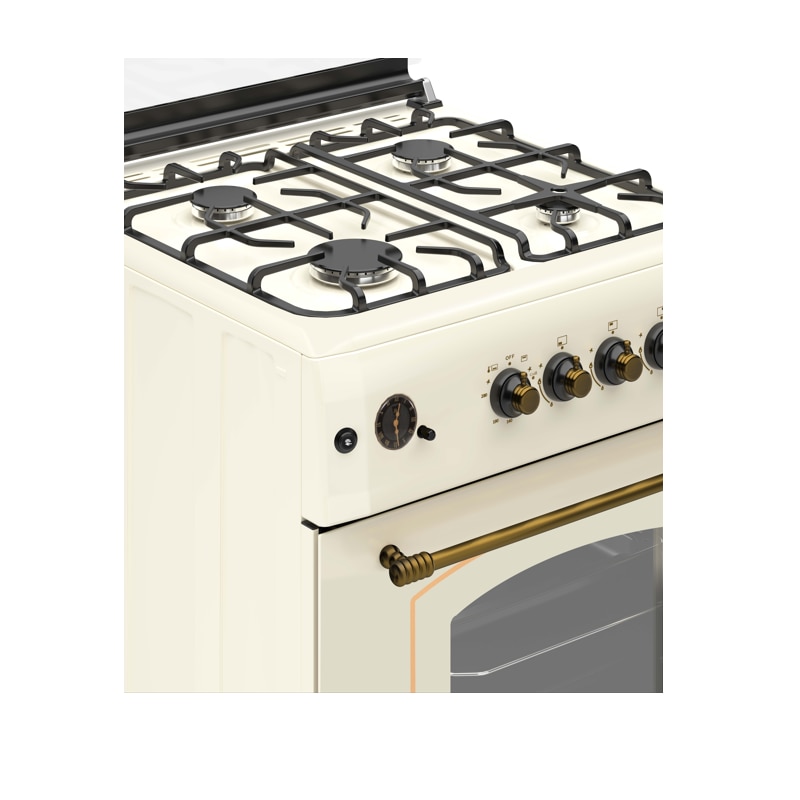 Pachet Aragaz rustic Studio Casa Viva Sierra 60 x 60 cm si Hota decorativa 60 cm, Cuptor Gaz+ Ventilatie Turbo, 4 ochiuri gaz, Rotisor, Grill gaz, Gratare fonta, Crem