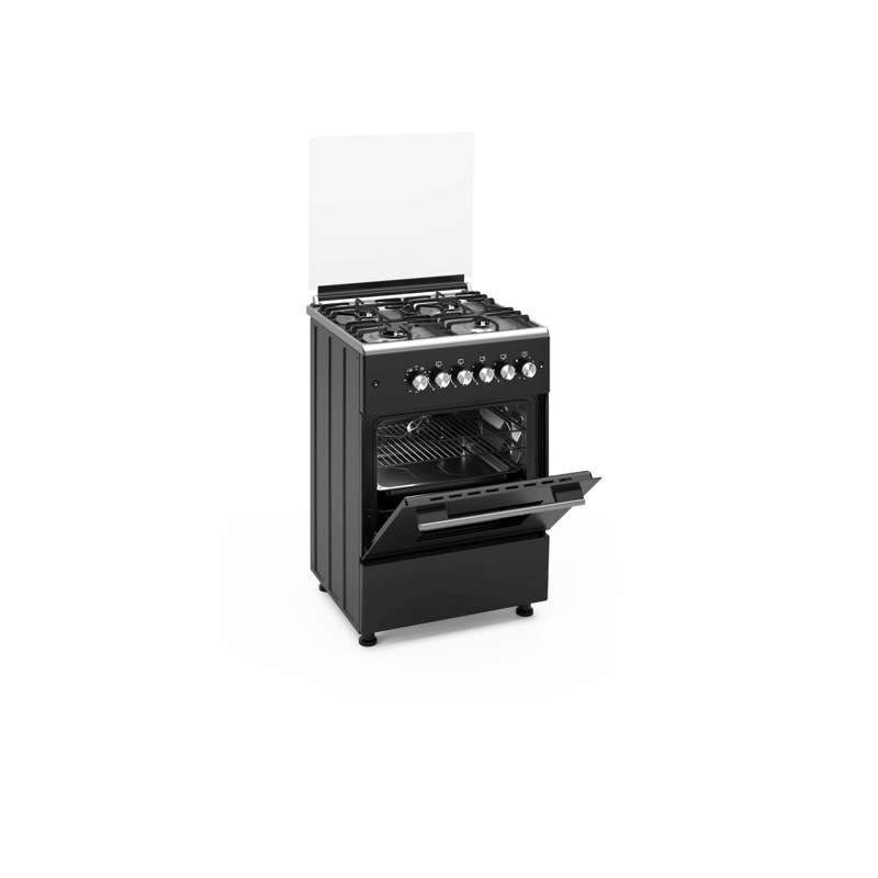 Pachet Aragaz clasic 4 arzatoare gaz Studio Casa Marco Cuptor gaz, 57 x 57 cm si Hota clasica 60 cm, 2 motoare, Rotisor, Ventilator, Grill gaz, Aprindere electrica, Gratare fonta, Negru