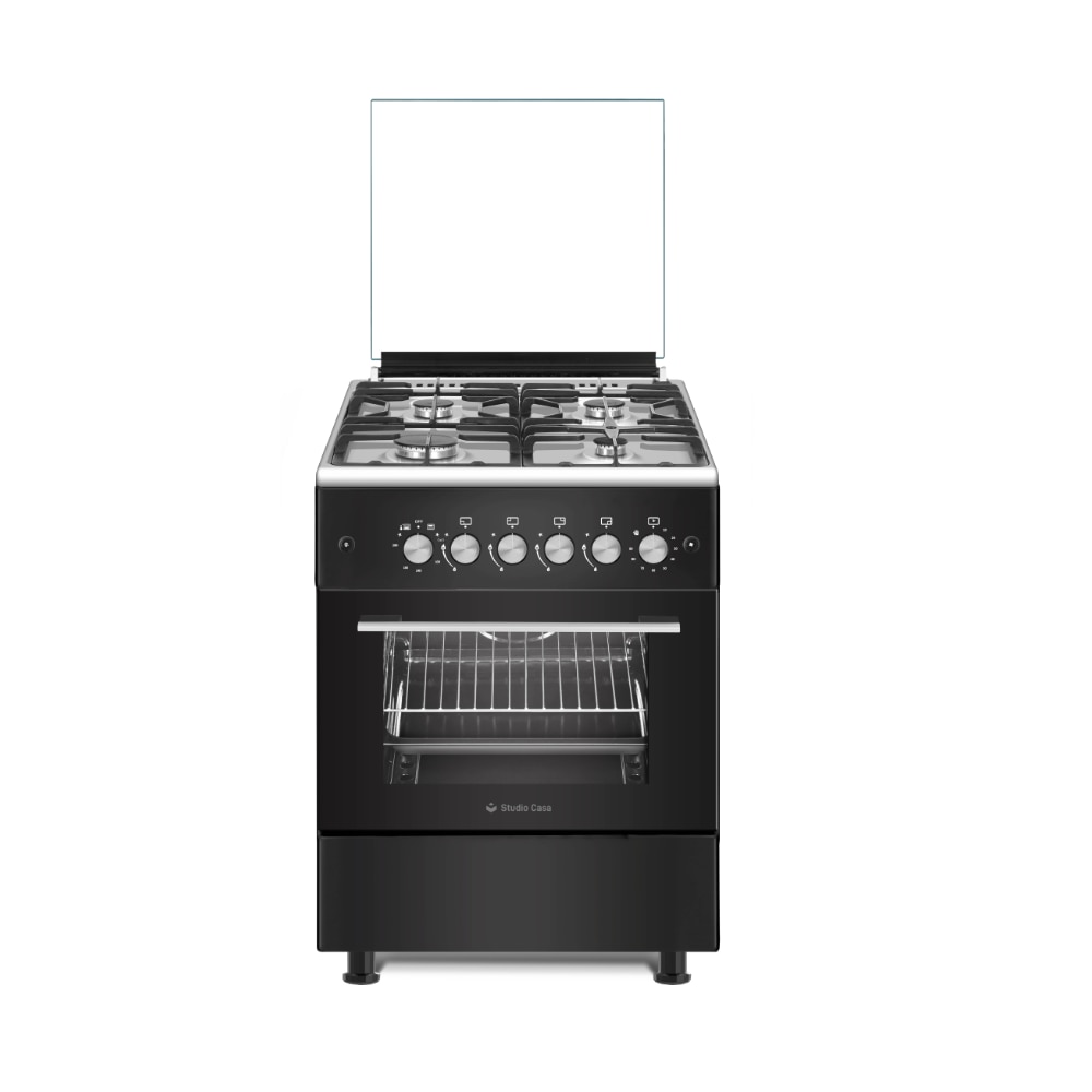Pachet Aragaz clasic 4 arzatoare gaz Studio Casa Marco Cuptor gaz, 57 x 57 cm si Hota clasica 60 cm, 2 motoare, Rotisor, Ventilator, Grill gaz, Aprindere electrica, Gratare fonta, Negru