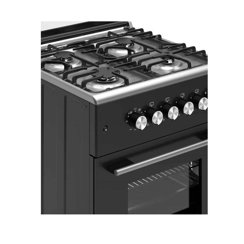 Pachet Aragaz clasic 4 arzatoare gaz Studio Casa Marco Cuptor gaz, 57 x 57 cm si Hota clasica 60 cm, 2 motoare, Rotisor, Ventilator, Grill gaz, Aprindere electrica, Gratare fonta, Negru