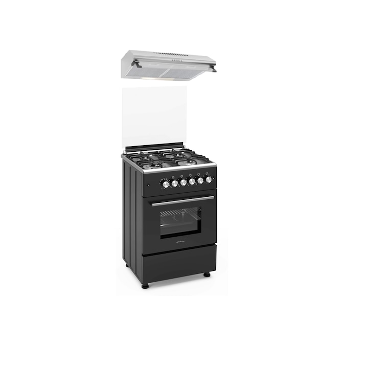 Pachet Aragaz clasic 4 arzatoare gaz Studio Casa Marco Cuptor gaz, 57 x 57 cm si Hota clasica 60 cm, 2 motoare, Rotisor, Ventilator, Grill gaz, Aprindere electrica, Gratare fonta, Negru