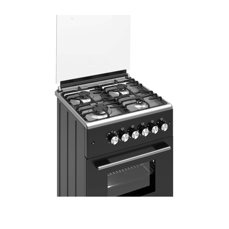Pachet Aragaz clasic 4 arzatoare gaz Studio Casa Marco Cuptor gaz, 57 x 57 cm si Hota clasica 60 cm, 2 motoare, Rotisor, Ventilator, Grill gaz, Aprindere electrica, Gratare fonta, Negru