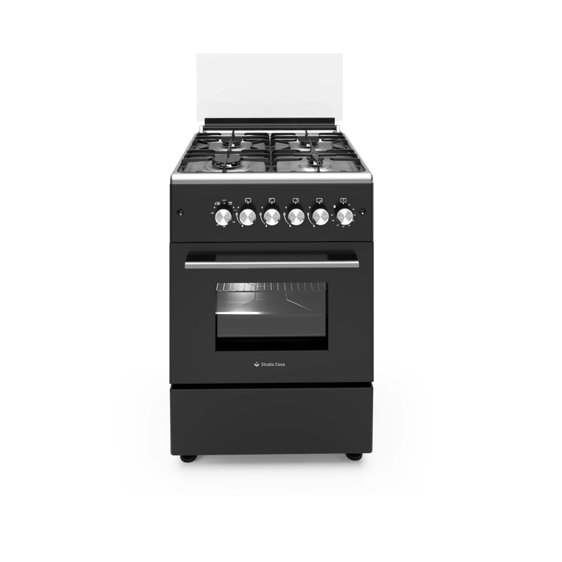 Pachet Aragaz clasic 4 arzatoare gaz Studio Casa Marco Cuptor gaz, 57 x 57 cm si Hota clasica 60 cm, 2 motoare, Rotisor, Ventilator, Grill gaz, Aprindere electrica, Gratare fonta, Negru
