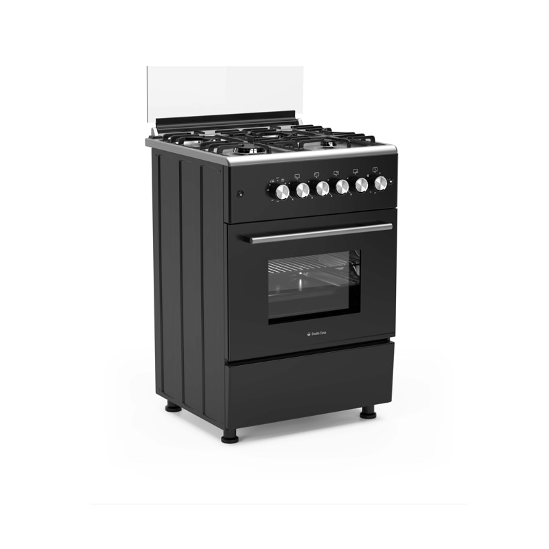 Pachet Aragaz clasic 4 arzatoare gaz Studio Casa Marco Cuptor gaz, 57 x 57 cm si Hota clasica 60 cm, 2 motoare, Rotisor, Ventilator, Grill gaz, Aprindere electrica, Gratare fonta, Negru
