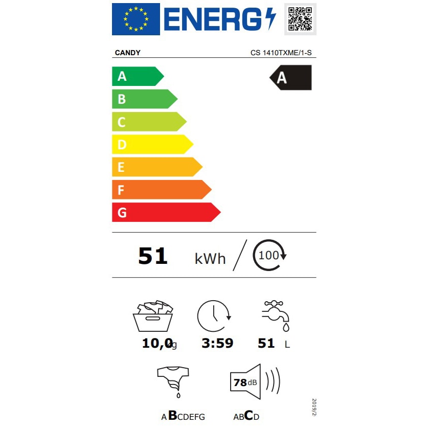 Masina de spalat rufe Candy Smart CS 1410TXME/1-S, 10 kg, 1400 RPM, Clasa A, Motor Inverter, Mix Power Systems, Easy iron, Alb