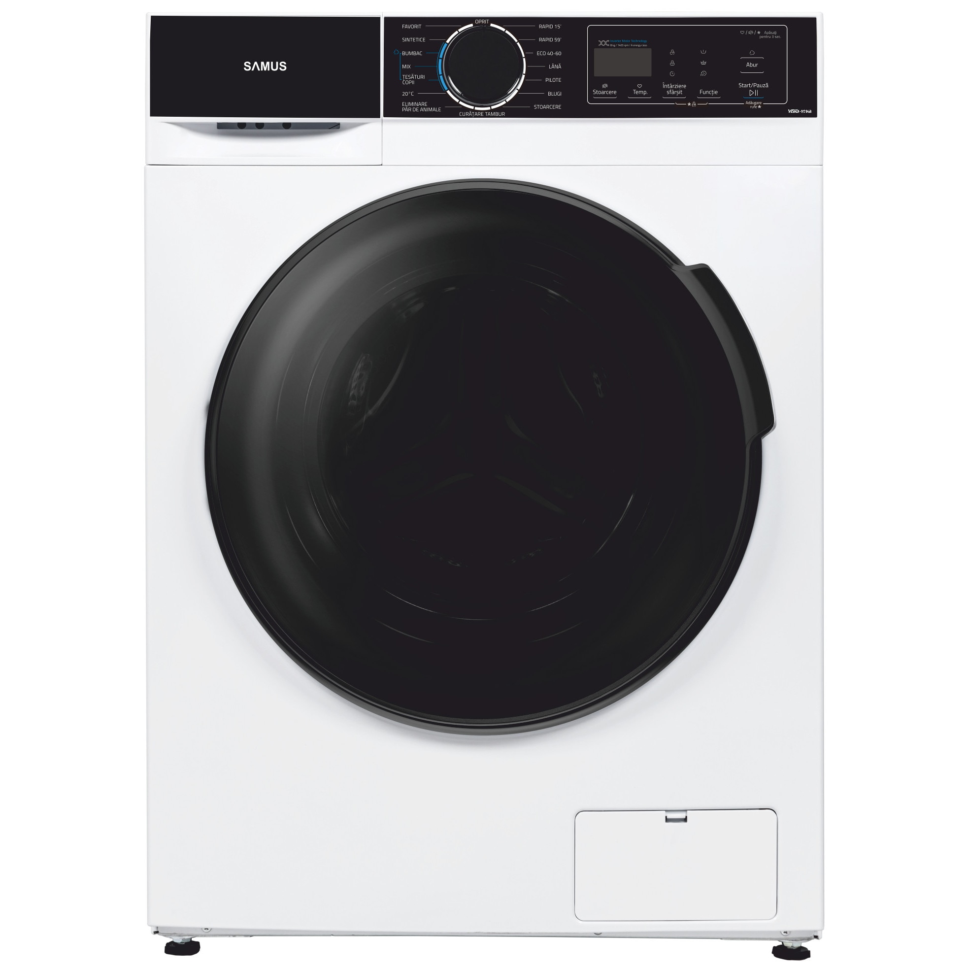 Masina de spalat rufe Samus WSADI-10143, 10 kg, 15 programe, 1400 rotatii, Clasa energetica A, Motor inverter, Afisaj electronic, Alb/Negru