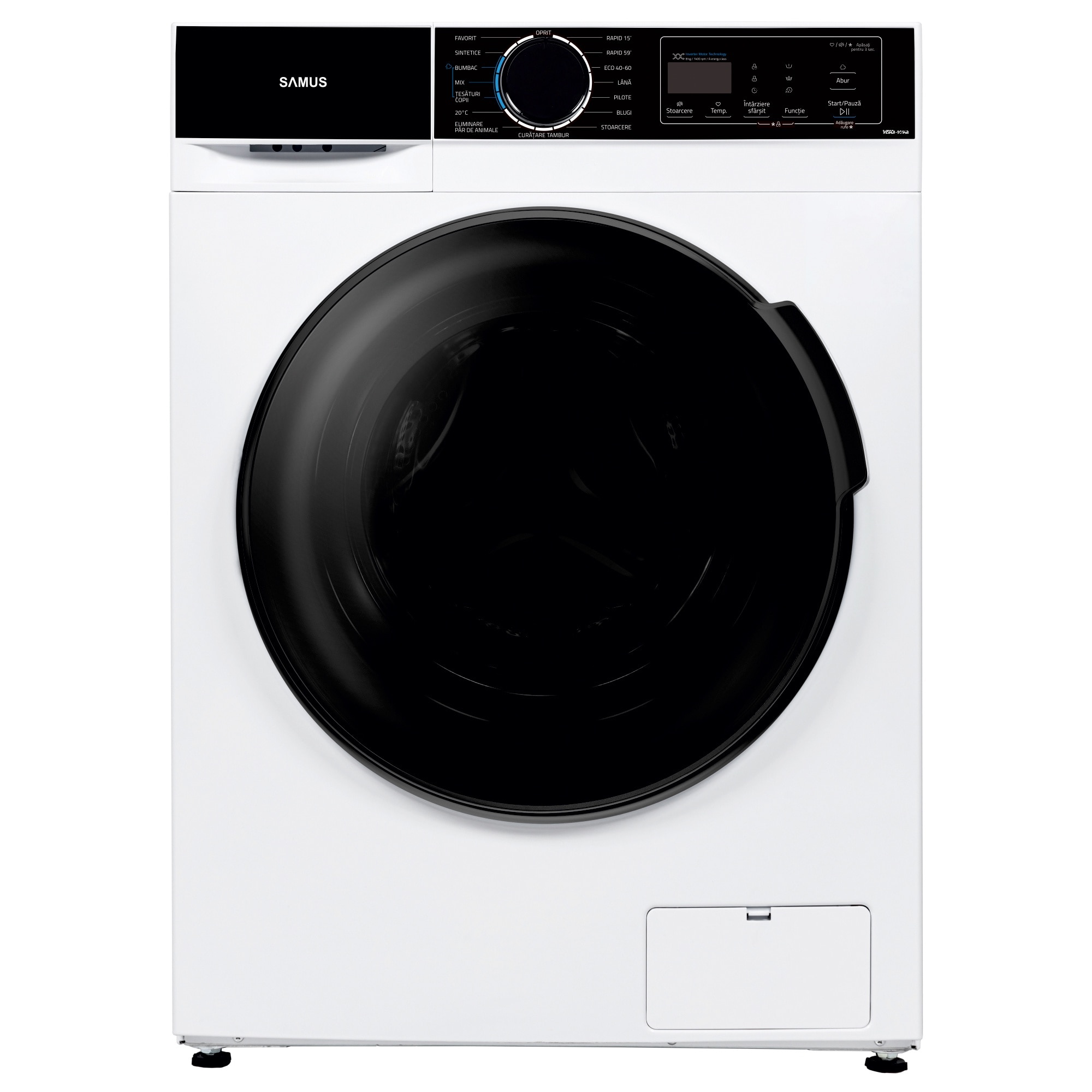 Masina de spalat rufe Samus WSADI-10143, 10 kg, 15 programe, 1400 rotatii, Clasa energetica A, Motor inverter, Afisaj electronic, Alb/Negru