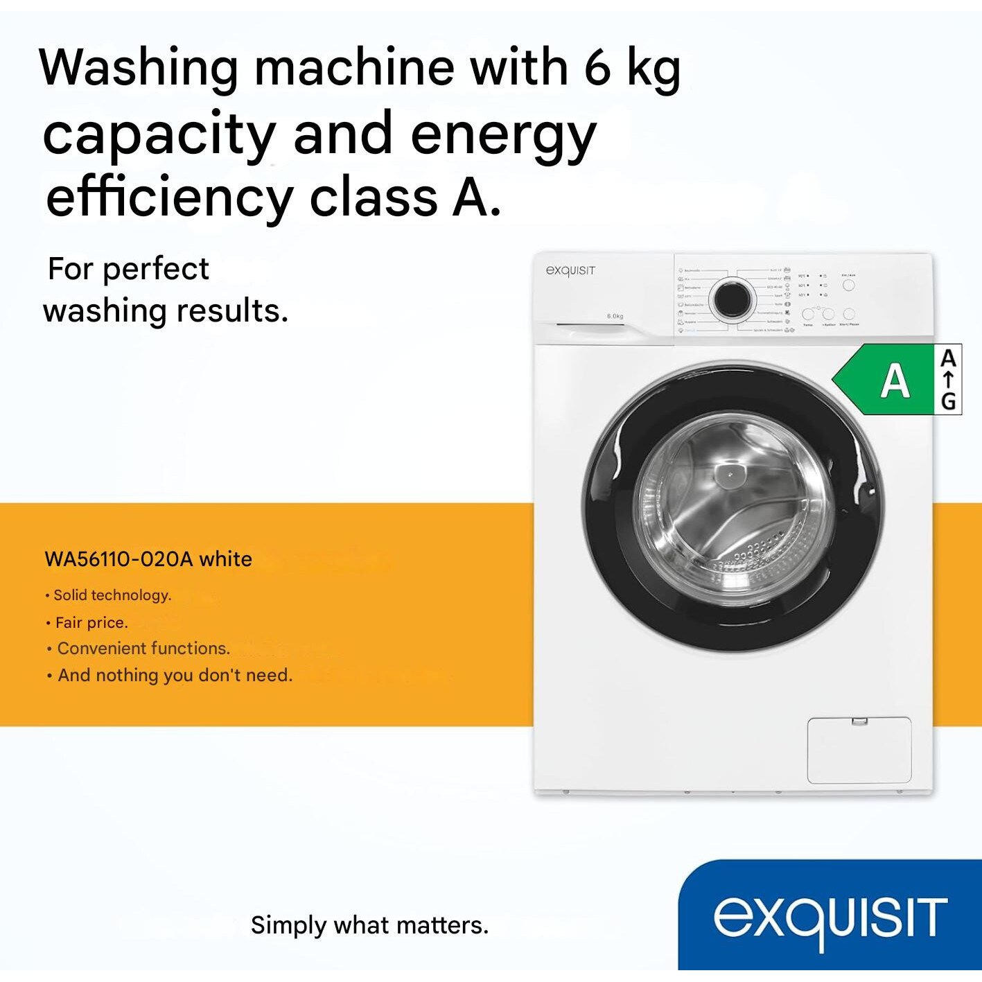 Masina de spalat rufe, Exquisit, capacitate 6 kg, clasa energetica A, 16 programe de spalare, 1000 rpm, pornire intarziata pana la 24 h, filtru pentru scame, afisaj LED, semnal acustic, clatire si spalare suplimentara, alb