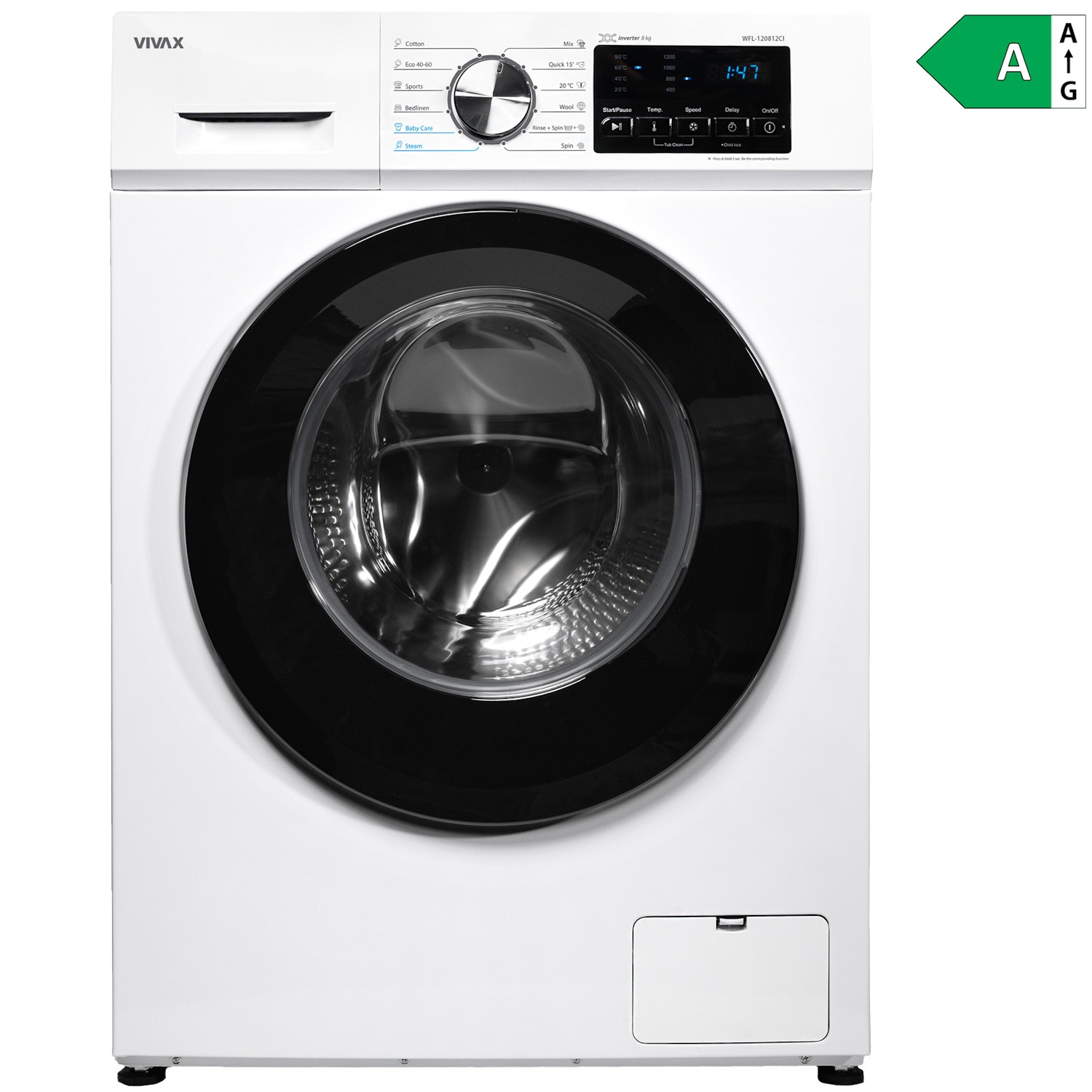 Masina de spalat rufe Vivax WFL-120712CI, 7kg, 1200 RPM, Motor Inverter, Alb, 12 Programe