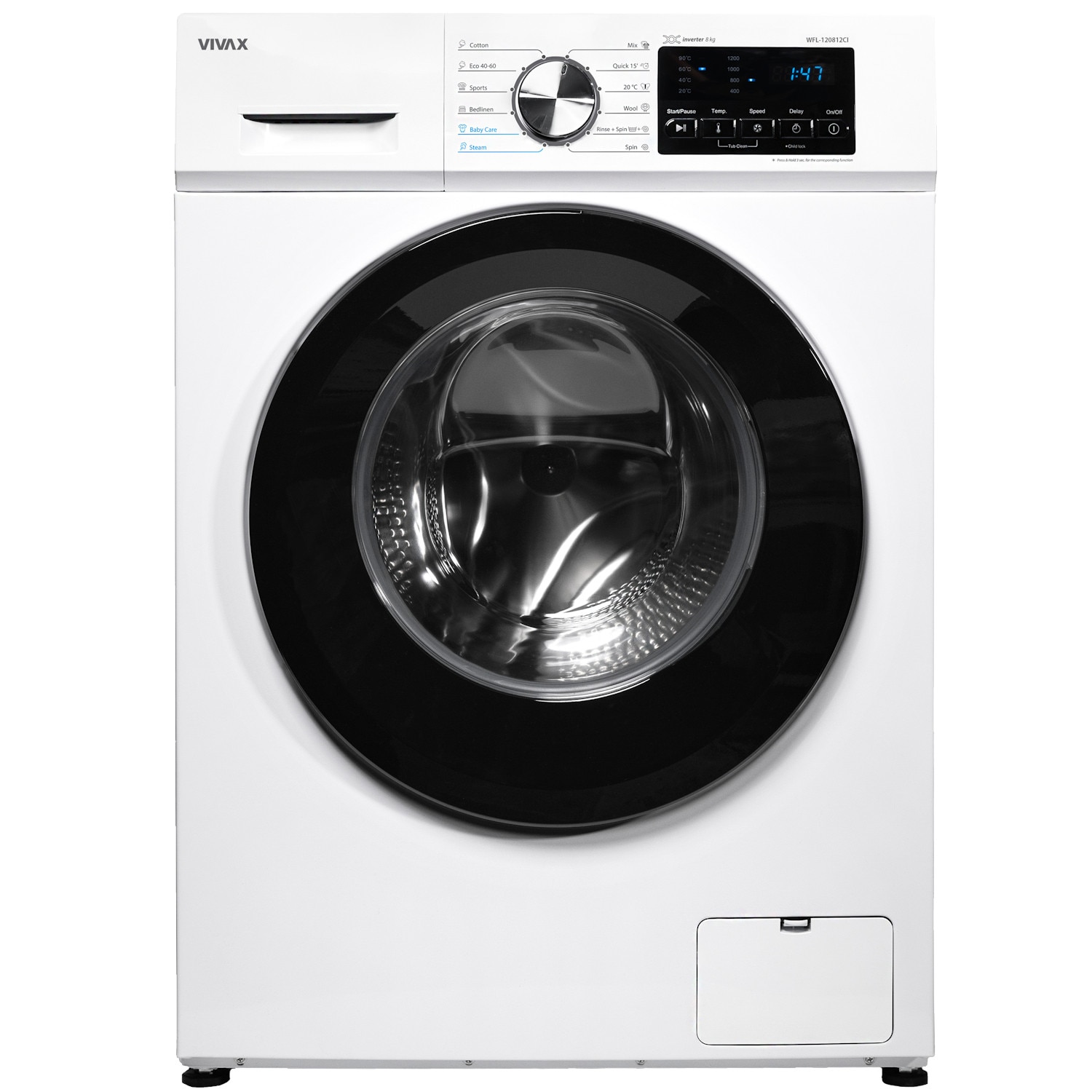 Masina de spalat rufe Vivax WFL-120712CI, 7kg, 1200 RPM, Motor Inverter, Alb, 12 Programe