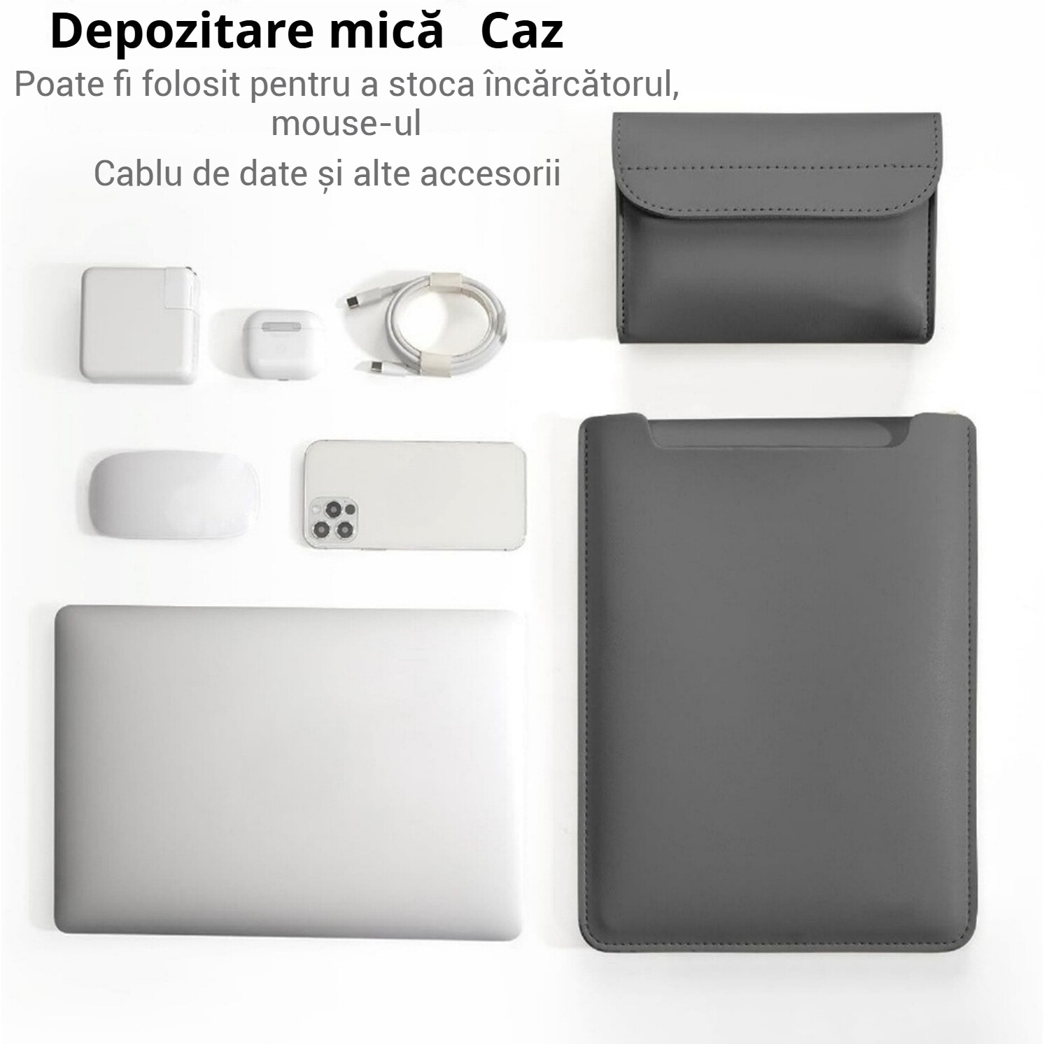 Husa pentru MacBook Pro/Air sau Laptop 13 Sleeve din piele PU premium cu mouse-pad inclus, Fudisenn®, 13.3/14 inchi, Cu geanta de depozitare pentru accesorii, Rezistenta la apa, 345*253mm, Gri inchis