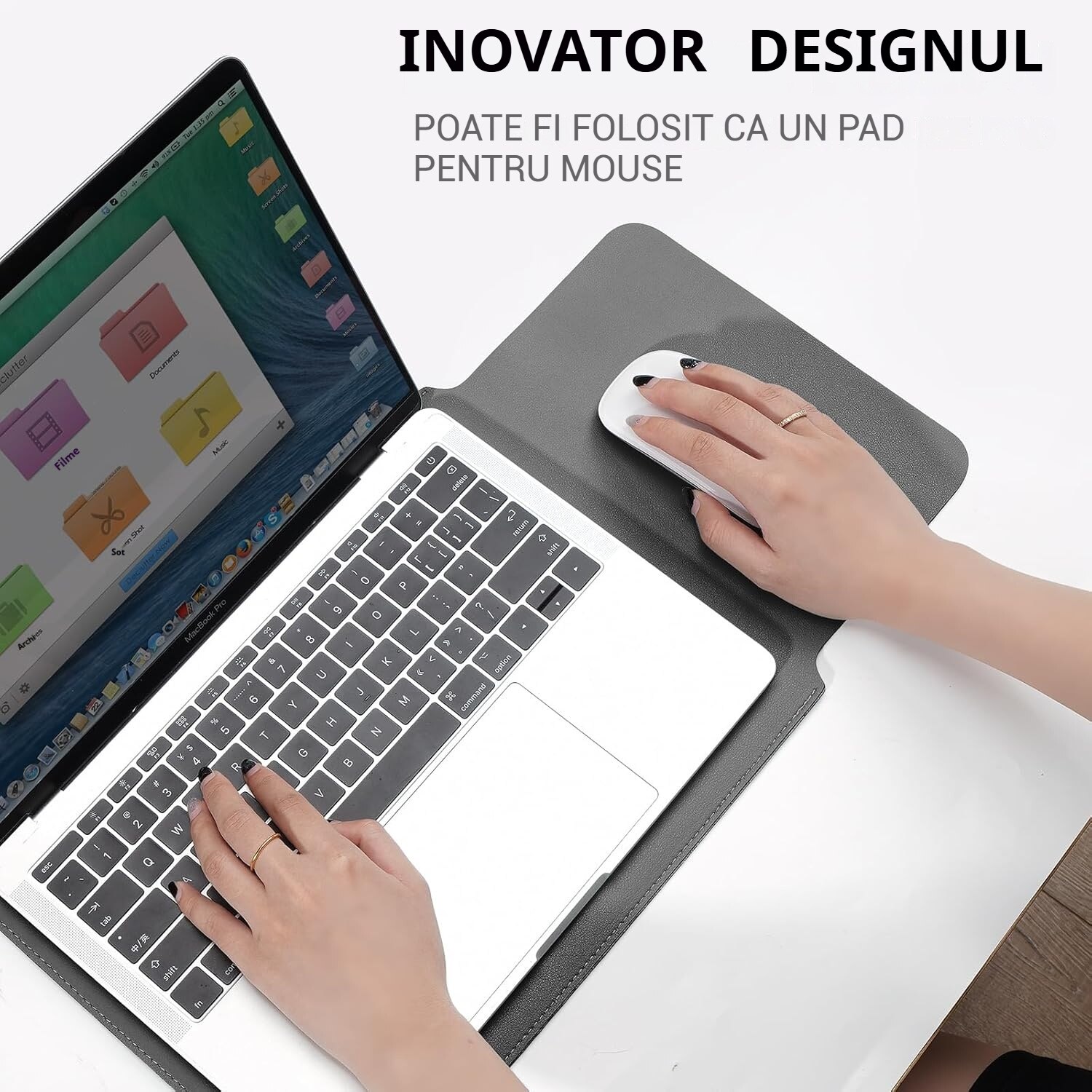 Husa pentru MacBook Pro/Air sau Laptop 13 Sleeve din piele PU premium cu mouse-pad inclus, Fudisenn®, 13.3/14 inchi, Cu geanta de depozitare pentru accesorii, Rezistenta la apa, 345*253mm, Gri inchis