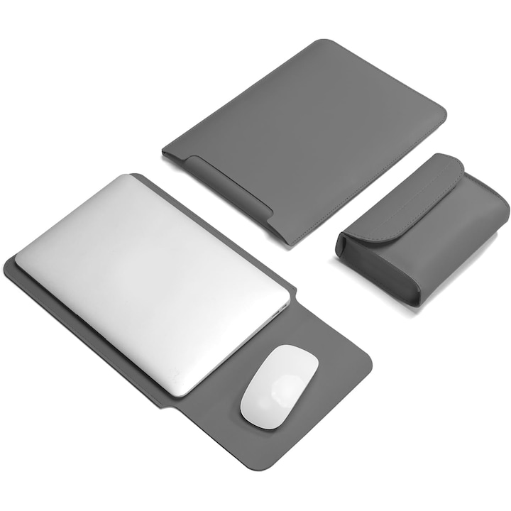 Husa pentru MacBook Pro/Air sau Laptop 13 Sleeve din piele PU premium cu mouse-pad inclus, Fudisenn®, 13.3/14 inchi, Cu geanta de depozitare pentru accesorii, Rezistenta la apa, 345*253mm, Gri inchis