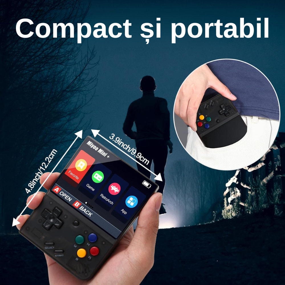 Consola Mini Ultra Portabila Retro Smart 10.000 Jocuri Preinstalate, Afiseaza Imagini, Video, 64 GB, Quad Core 1.5GHz, 1GB LPDDR4, IPS LCD 3.5" 640x480, 2600 mAh