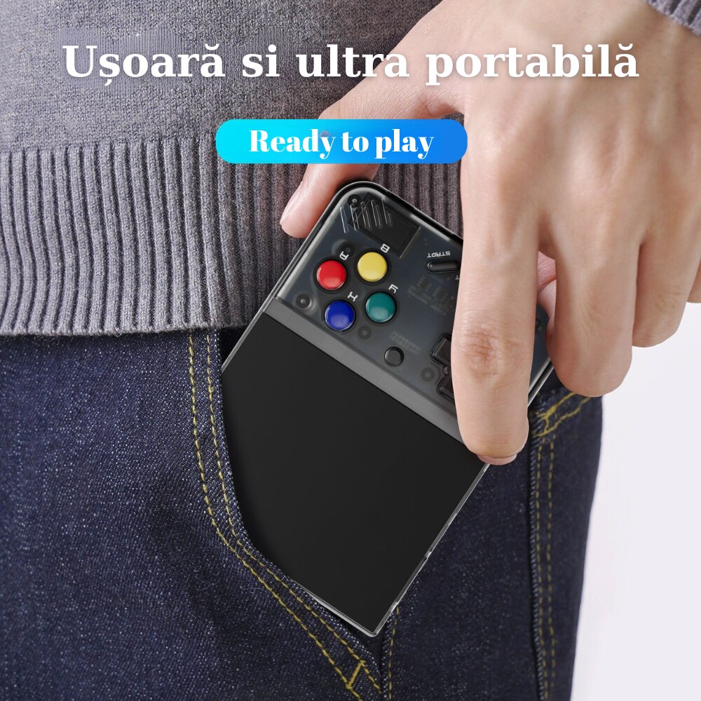 Consola Mini Ultra Portabila Retro Smart 10.000 Jocuri Preinstalate, Afiseaza Imagini, Video, 64 GB, Quad Core 1.5GHz, 1GB LPDDR4, IPS LCD 3.5" 640x480, 2600 mAh