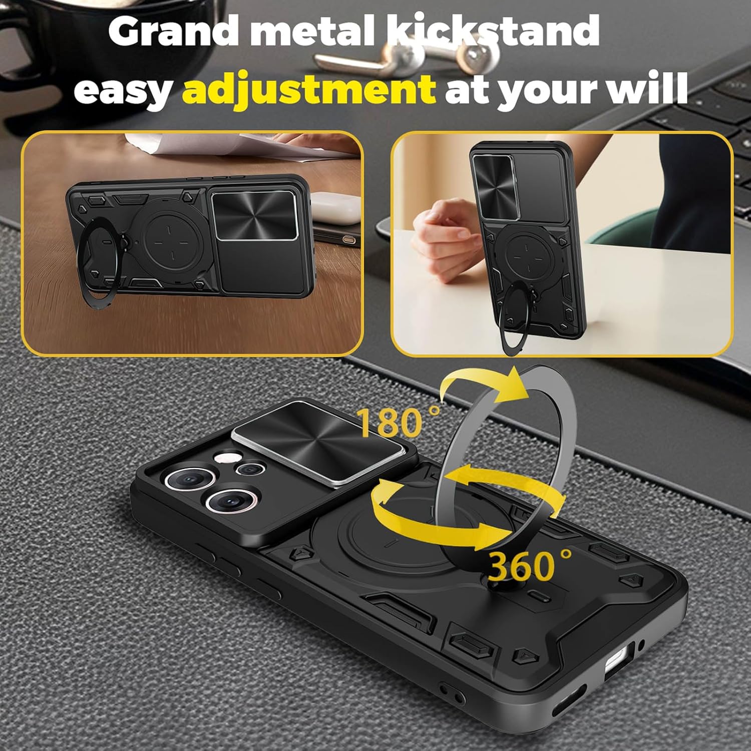 Husa pentru Oppo Reno 14F, 14FS 5G cu protectie pentru camera si suport magnetic integrat Ring Shockproof, negru