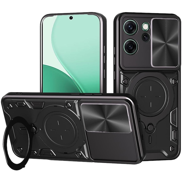 Husa pentru Oppo Reno 14F, 14FS 5G cu protectie pentru camera si suport magnetic integrat Ring Shockproof, negru