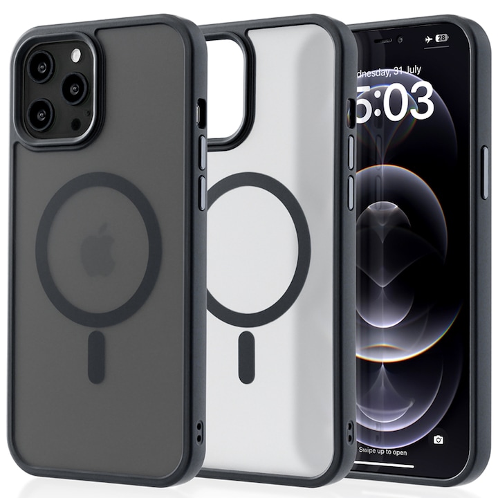 Husa compatibila cu Incarcare Magsafe pentru Apple iPhone 12 Pro Max, CASEY STUDIOS™, de Protectie, Slim, pentru Incarcare Wireless, Margini Ridicate pentru Protectia Ecranului si a Camerelor, Negru