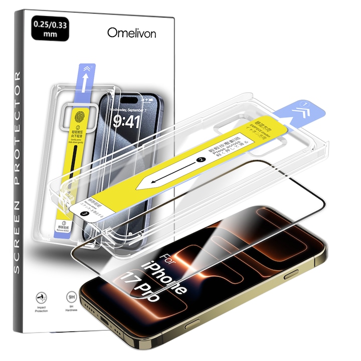 Folie de Protectie pentru iPhone 17 Pro, Omelivon, Sticla temperata, Cu Kit de Aplicare Instanta si Functie Automata de Indepartare a Prafului, Full Cover, 3D, Margini Negre, Duritate 9H, Ultra Claritate HD, Anti-amprenta